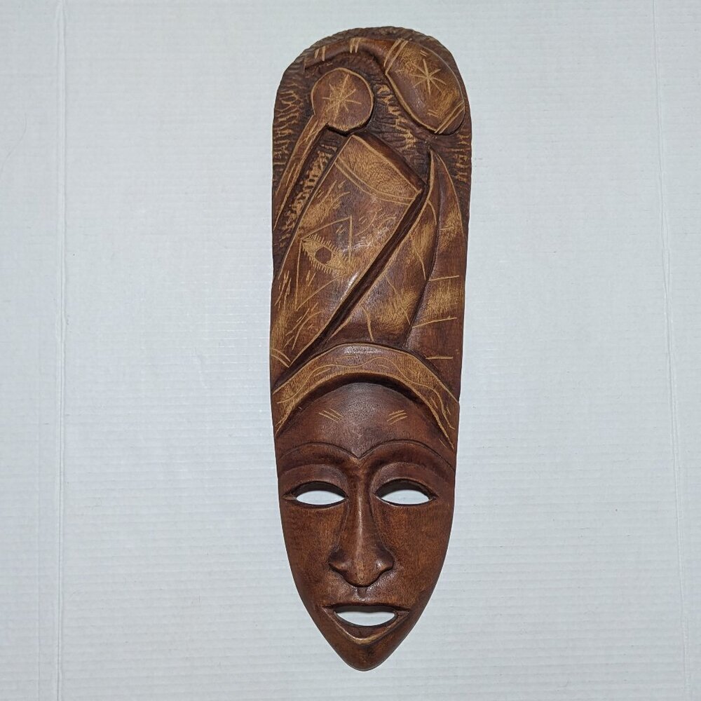 African Inspired Hard carved Wooden Tribal Mask Vintage Egyptian Eye Of Ra 1982